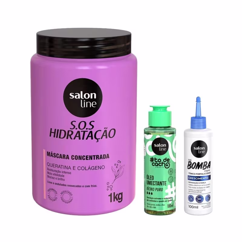 Kit com Óleo de Umectação Rícino Puro + Máscara Bio-Reconstrução + Tônico Fortalecedor Salon Line