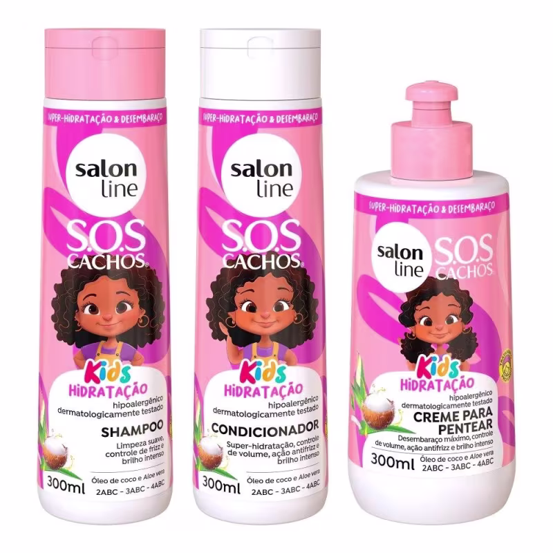 Kit Shampoo + Condicionador + Creme para Pentear 300ml SOS Cachos Kids Hidratação Salon Line