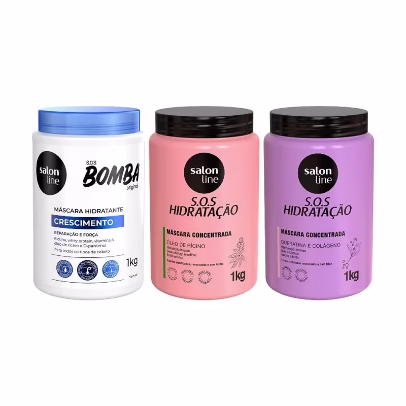 Kit com 2 Máscaras de Hidratação SOS Hidratação + 1 Máscara de Hidratação SOS Bomba Original Salon Line