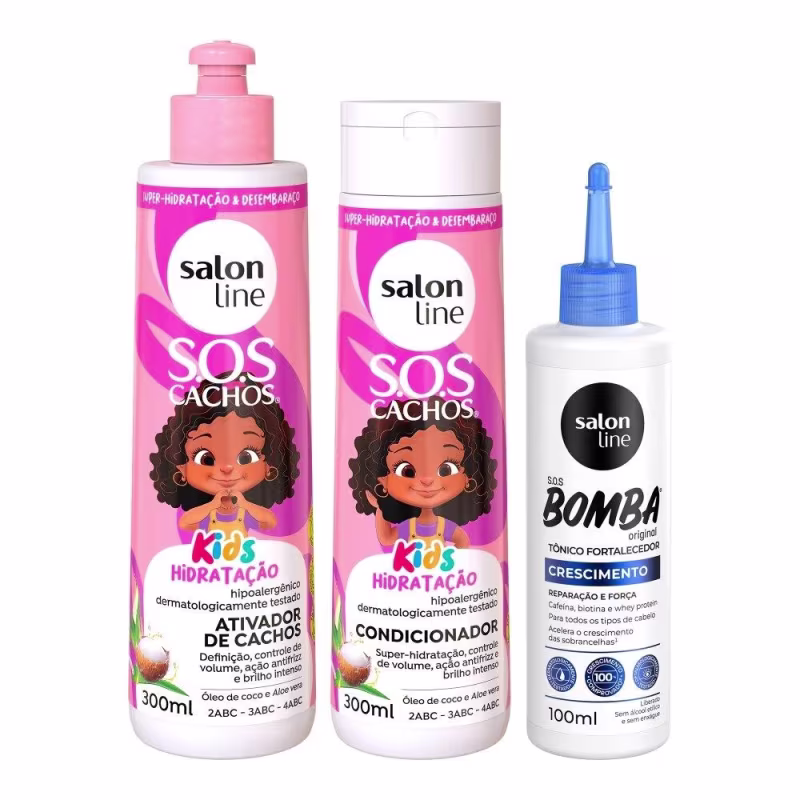 Kit com Condicionador e Ativador de Cachos SOS Cachos + Tônico Fortalecedor SOS Bomba Salon Line