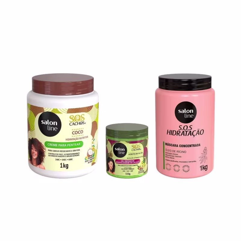 Kit com Gel Definidor + Creme Para Pentear SOS Cachos Coco + Máscara Hidratação Turbinada Salon Line