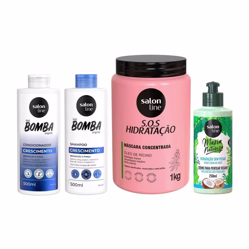 Kit com Shampoo e Condicionador SOS Bomba + Creme para Pentear Maria Natureza + Máscara SOS Hidratação Salon Line