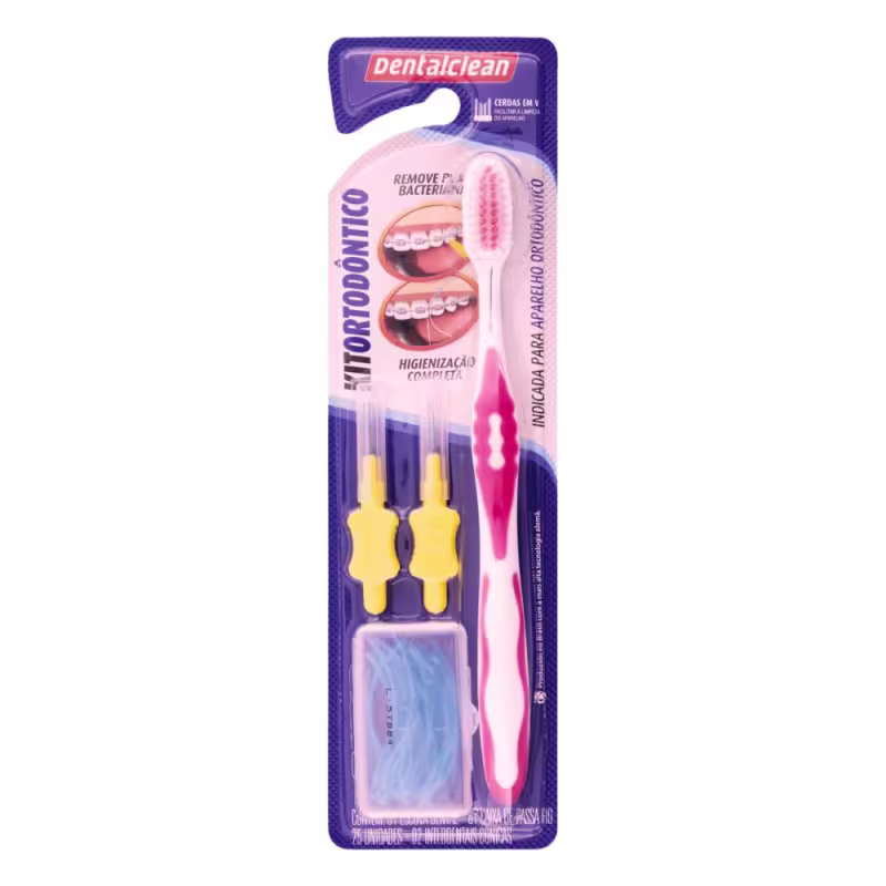 Conjunto de higiene bucal Dentalclean contendo uma escova de dente vermelha, dois aplicadores de cerdas amarelas para limpeza interdental e um estojo plástico azul com fio dental