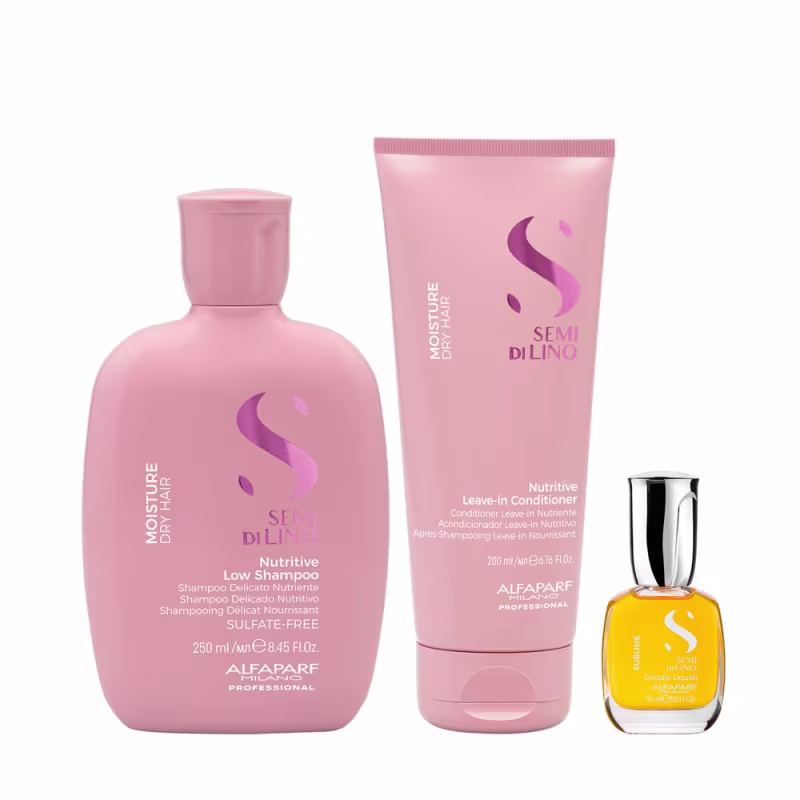 Kit Alfaparf Semi di Lino Moisture Dry Hair Shampoo 200ml + Condicionador 250ml + Oil Cristalli Liquid 15ml