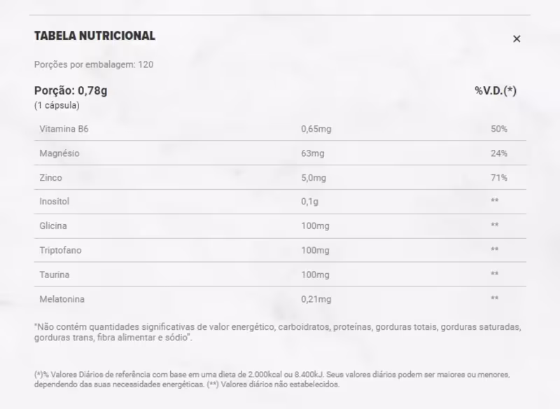 A imagem mostra a tabela nutricional do produto.
