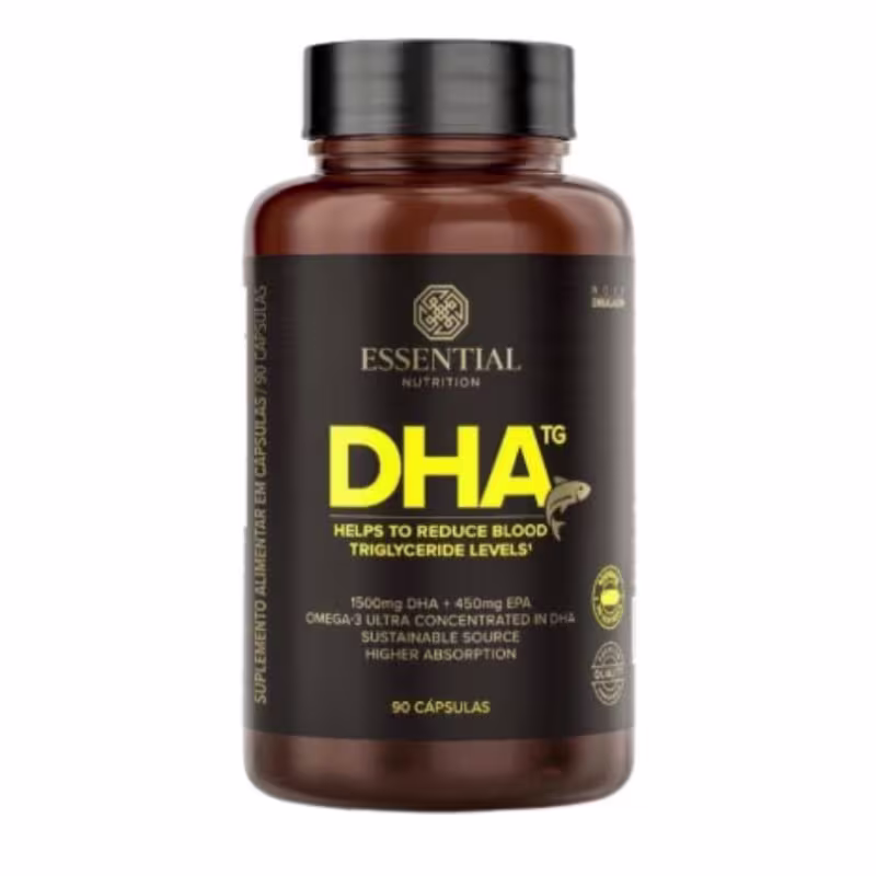 A imagem mostra um frasco redondo marrom com rótulo preto e letras douradas e amarelas.