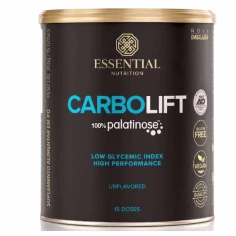 A imagem mostra uma lata de suplemento com rótulo preto e letras azuis e bege.