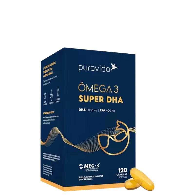 Produto alimentar Omega 3 Super DHA da marca Puravida. Embalagem retangular azul escura com detalhes em dourado. Contém 120 cápsulas. Rótulo com informações sobre os níveis de DHA 1000mg e EPA 400mg por porção.