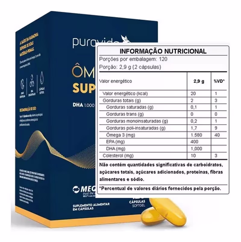 A embalagem exibe o logotipo "OM SUP DHA 1.000" e informações nutricionais detalhadas, incluindo a quantidade de ômega-3, EPA, DHA e outros nutrientes por porção. Ao lado da caixa, há cápsulas gelatinosas amarelas, que parecem ser o suplemento.