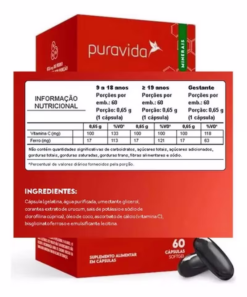 Caixa retangular vermelha com o logotipo e nome "Puravida" em letras brancas. A caixa contém 60 cápsulas softgel pretas. Na parte frontal, há uma tabela nutricional detalhando as porções e quantidades de vitamina C e ferro por cápsula.