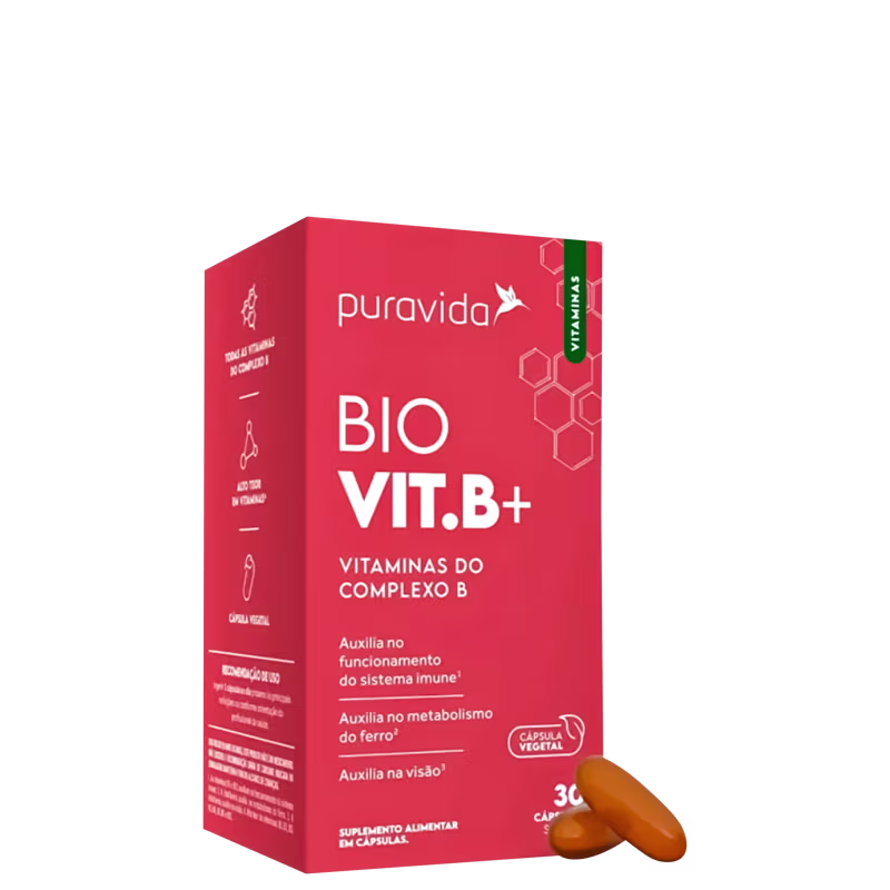 Suplemento alimentar Bio Vit.B+, vitaminas do complexo B da marca Puravida. Texto destacado "Bio Vit.B+" e "Vitaminas do Complexo B". Auxilia no funcionamento do sistema imune, metabolismo do ferro e visão.