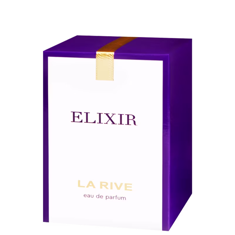 Caixa de perfume La Rive Elixir em tom roxo com detalhes dourados, contendo informações sobre a marca e o nome do produto.