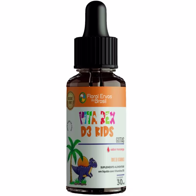 Rótulo laranja e branco com logotipo da marca Floral Ervas do Brasil. Imagem de um dinossauro azul e uma palmeira estilizada. Texto "Vita Rex D3 Kids Gotas" e "sabor morango". Informações sobre ser um suplemento alimentar líquido com vitamina D3 de 30ml.