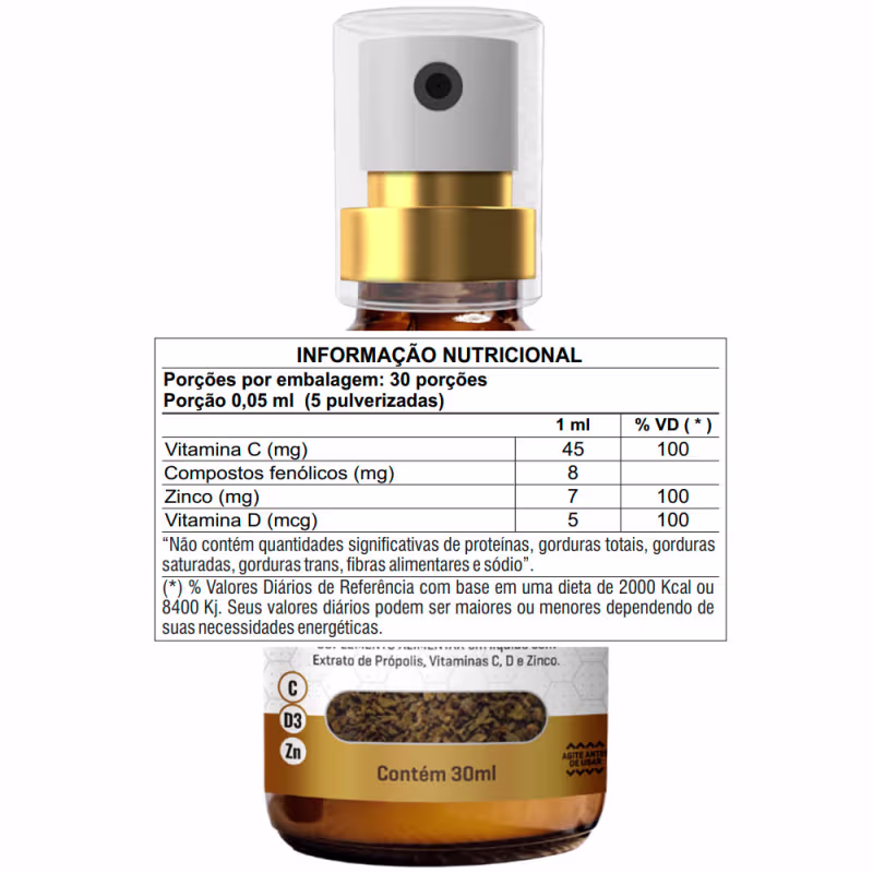 Há um rótulo com informações nutricionais detalhando os ingredientes e valores diários de vitaminas C, D, zinco e compostos fenólicos. O produto contém extrato de própolis, vitaminas C, D e zinco.