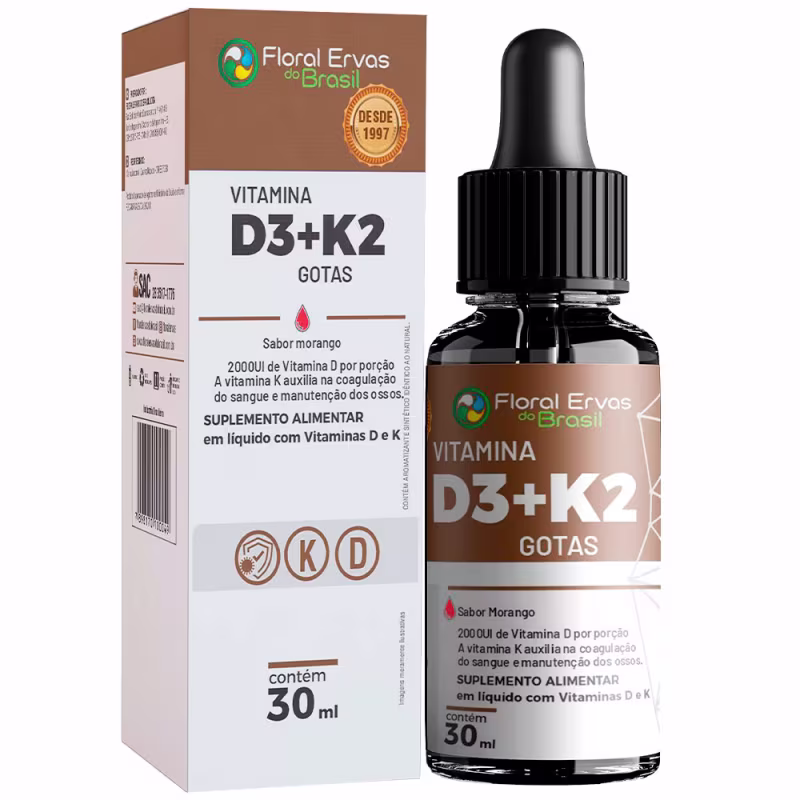Suplemento alimentar líquido com vitaminas D3 e K2. Frasco de 30ml com tampa preta e rótulo indicando "Vitamina D3+K2 Gotas" e "Sabor Morango". Caixa marrom com informações do produto, como composição, dosagem de 2000UI de vitamina D por porção.