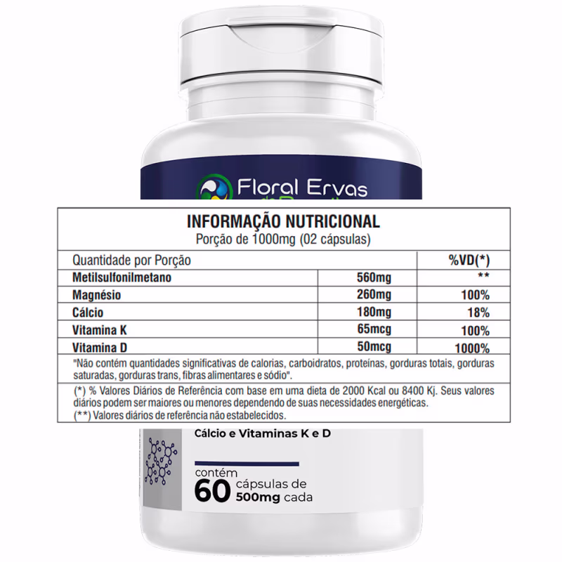 Rótulo nutricional detalhando os ingredientes por porção: metilsulfonilmetano, magnésio, cálcio, vitaminas K e D. Contém 60 cápsulas de 500mg cada. Texto informativo em português sobre valores diários de referência.