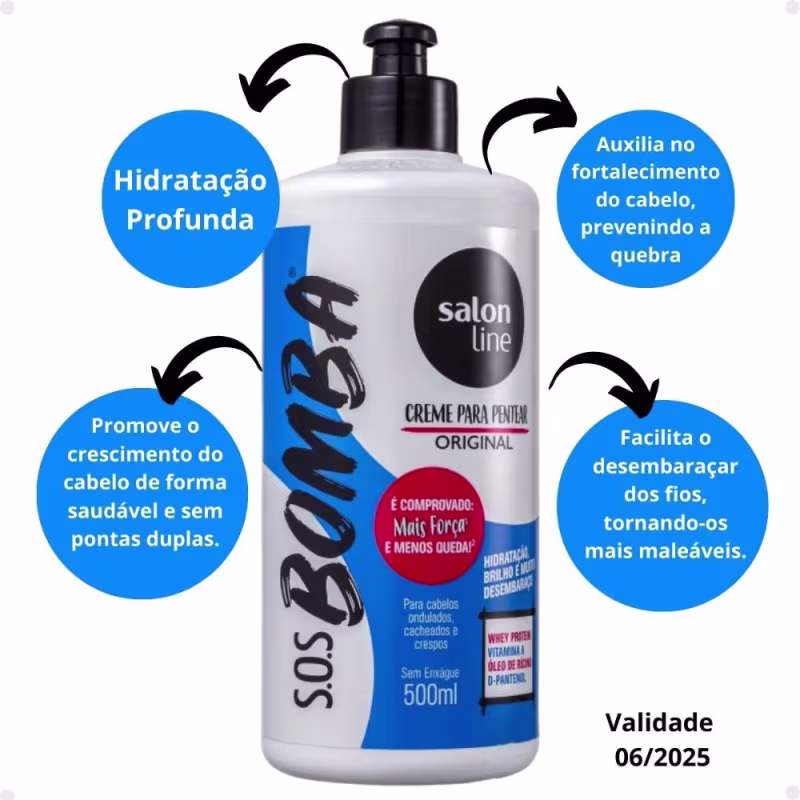 O produto apresentado é um creme para pentear da linha Salon Line. Texto lista os benefícios do produto, como hidratação profunda, fortalecimento do cabelo e facilitação do desembaraço dos fios.