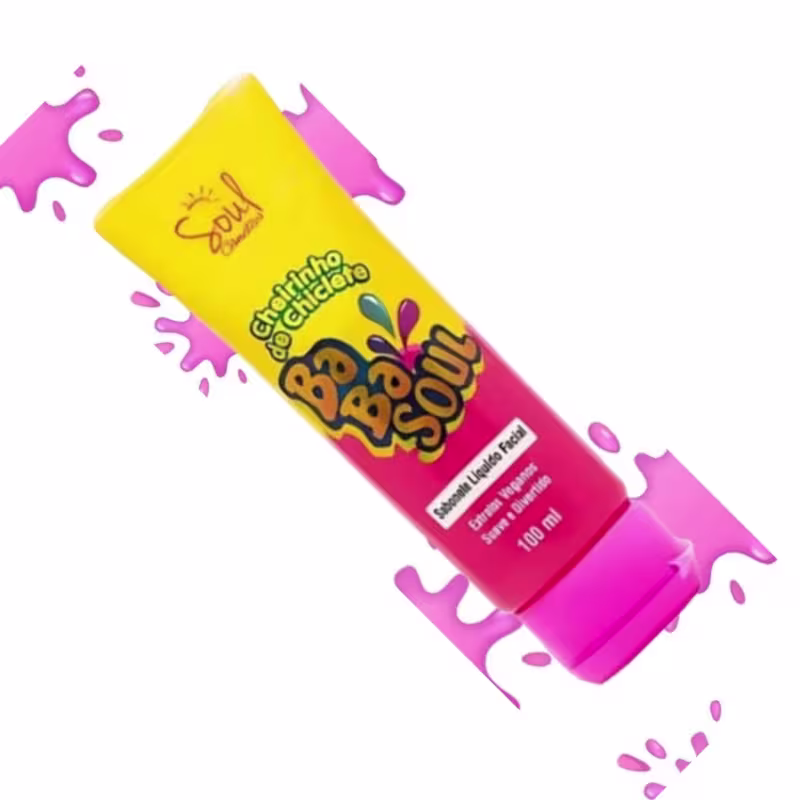 A imagem mostra um frasco de 100ml rosa e amarelo, com marca e linha em letras coloridas e tampa rosa.