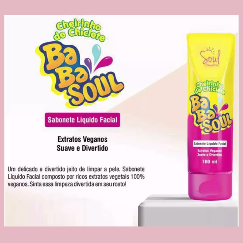 A imagem mostra um frasco de 100ml rosa e amarelo, com marca e linha em letras coloridas e tampa rosa na direita e, na esquerda, informações de composição do produto.