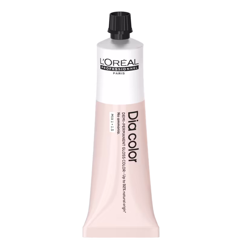 Produto de coloração capilar da linha L'Oréal Professionnel Dia Color. Embalagem em tubo plástico branco com detalhes em preto. Rótulo frontal exibe o logotipo L'Oréal Professionnel e o nome do produto "Dia Color" em letras pretas.