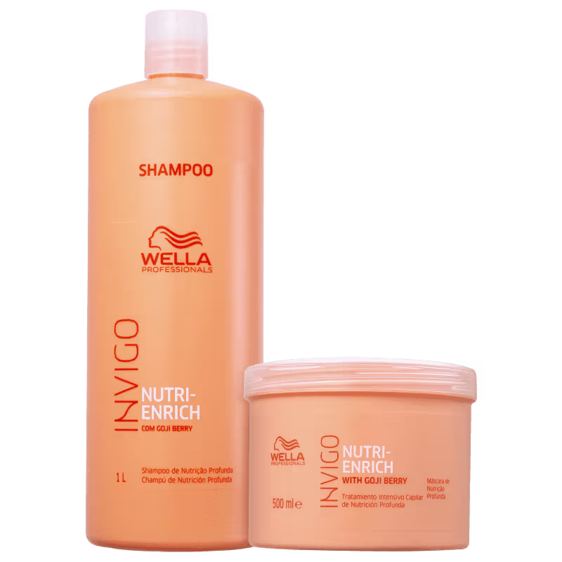 Shampoo e máscara capilar da linha Nutri-Enrich da marca Wella Professionals. O shampoo vem em uma embalagem laranja de 1 litro, com o nome "Shampoo" e o logotipo da Wella em laranja. A máscara capilar vem em uma embalagem laranja de 500mL.
