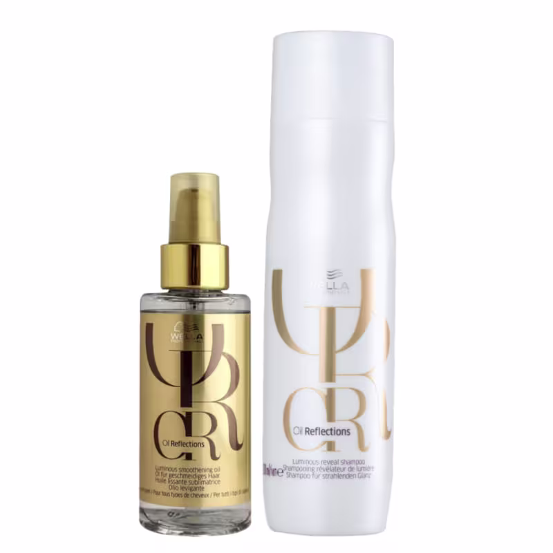 Shampoo 250ml e óleo 100ml. Cores predominantes são branco e dourado.