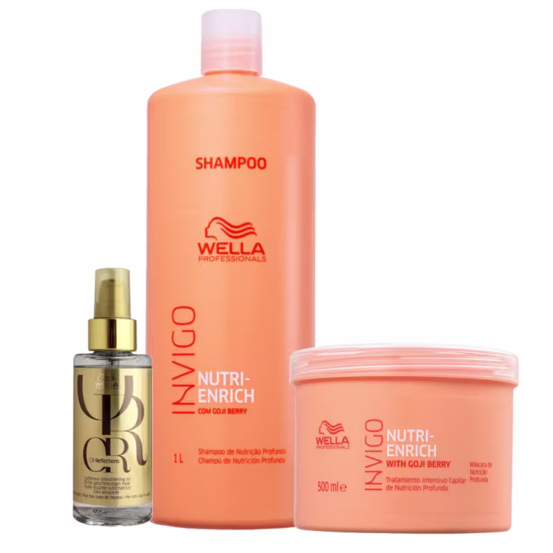 Três produtos de Wella Professionals. O primeiro é o shampoo Nutri-Enrich em uma embalagem laranja de 1 litro. O segundo é a máscara de 500ml da mesma linha. O terceiro é o óleo Oil Reflections em um frasco dourado.