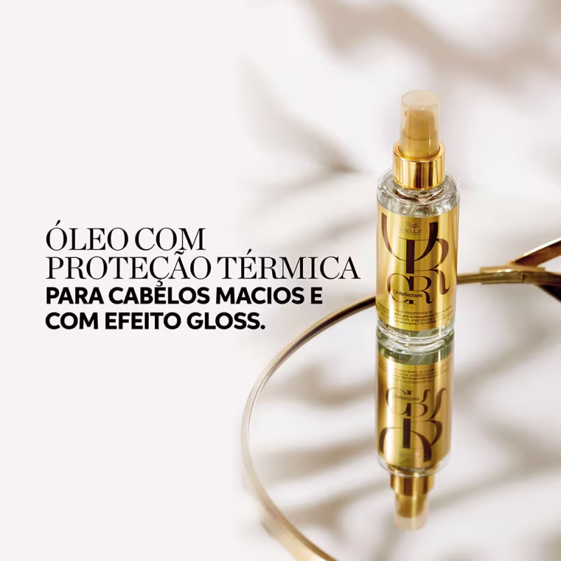 Óleo com proteção térmica para cabelos macios com efeito gloss.