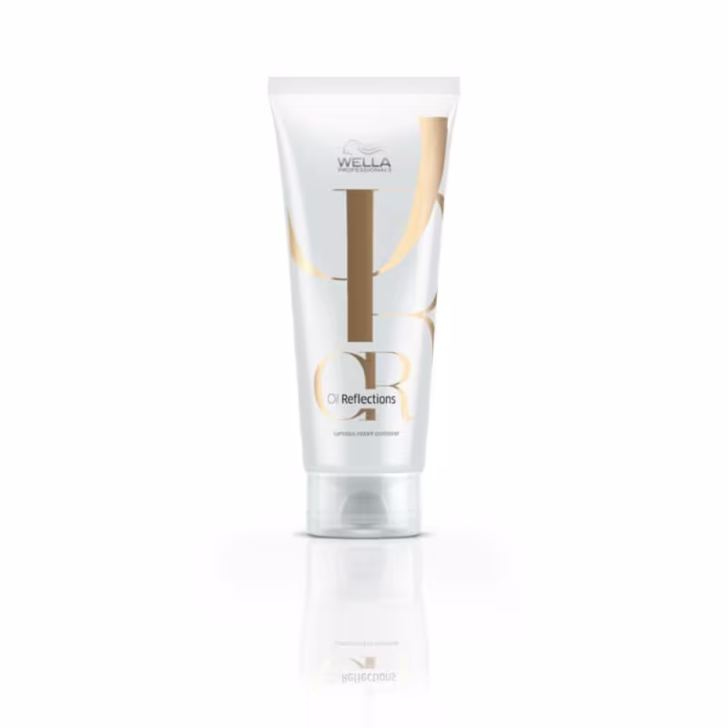 Condicionador Oil Reflections Wella Professionals. Embalagem plástica tubular branca com detalhes dourados. Texto adicional indicando que é um "Intensive Repair Conditioner" (Condicionador Reparador Intensivo).
