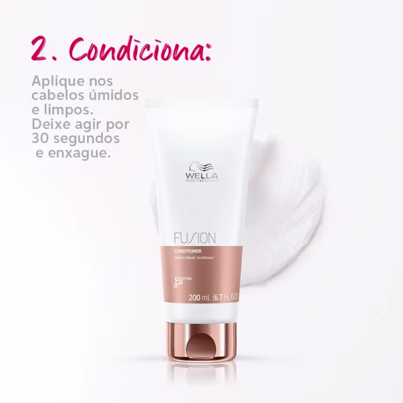 Condicionador: Aplique nos cabelos úmidos e limpos. Deixe agir por 30 segundos e enxague.
