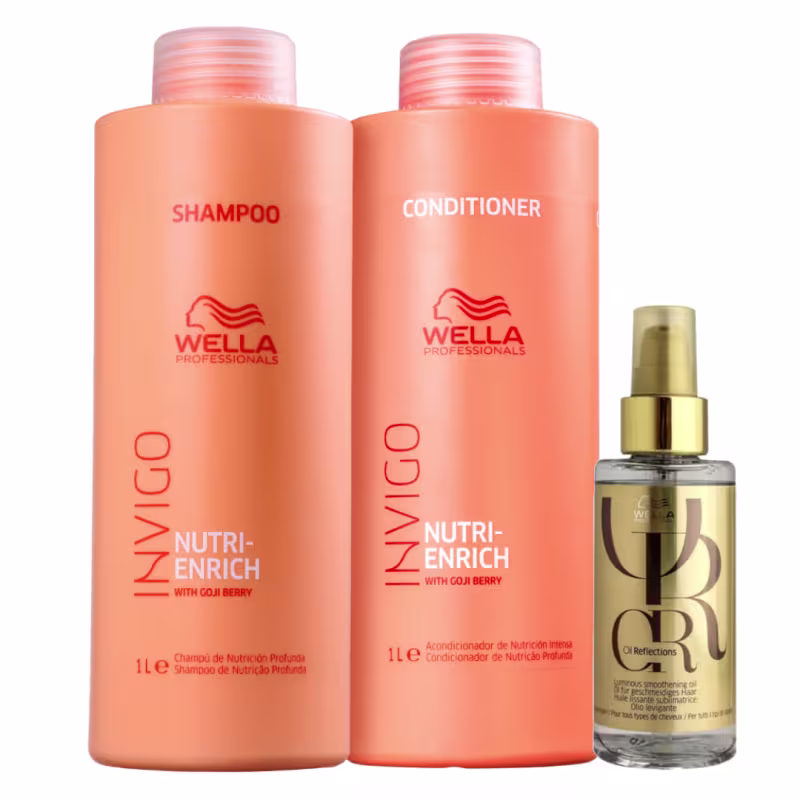 Dois frascos de shampoo e condicionador da linha Nutri-Enrich da Wella Professionals, com embalagens laranja e branca, e um frasco de óleo Reflections da mesma marca, com embalagem dourada.