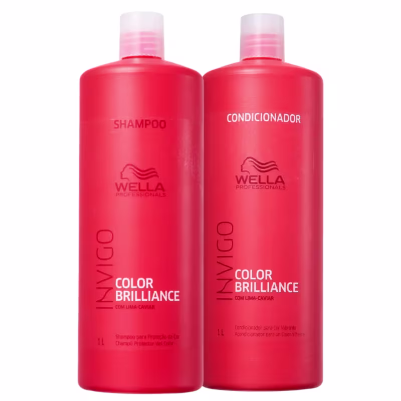 Dois frascos de produtos Wella Professionals, sendo um de shampoo e outro de condicionador da linha Color Brilliance, com embalagens vermelhas e rótulos com o nome da marca e da linha.
