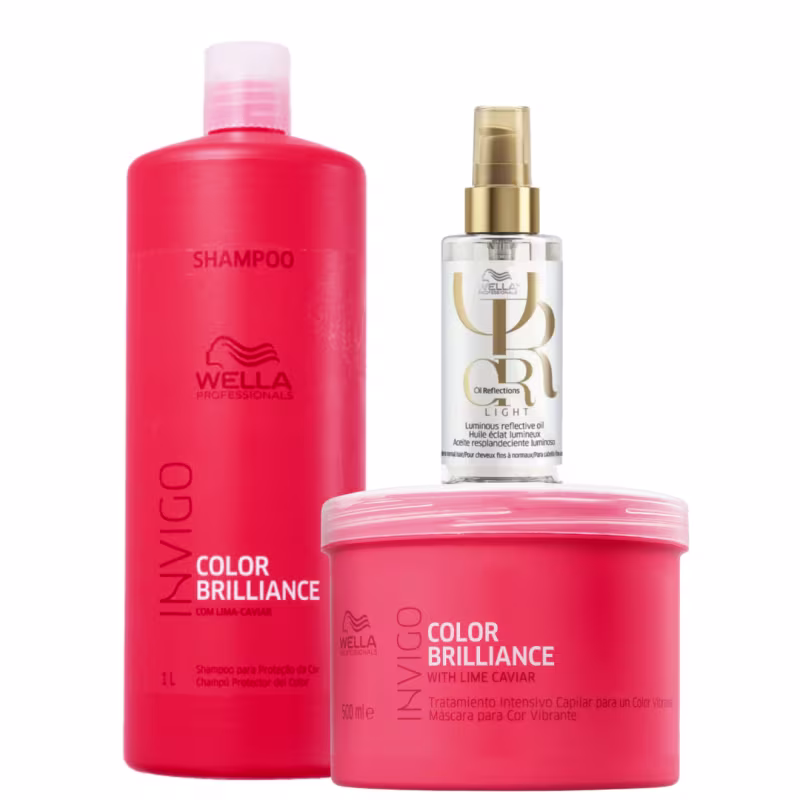 Conjunto de produtos Wella Professionals, incluindo shampoo e máscara Color Brilliance e um frasco de óleo Oil Reflections