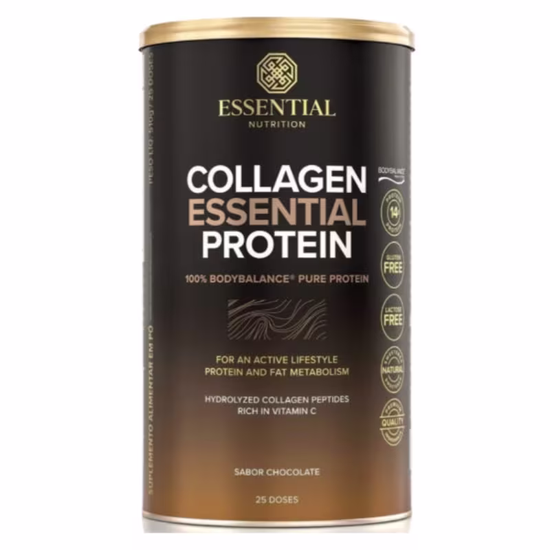 A imagem mostra uma lata de suplemento com rótulo preto e marrom.