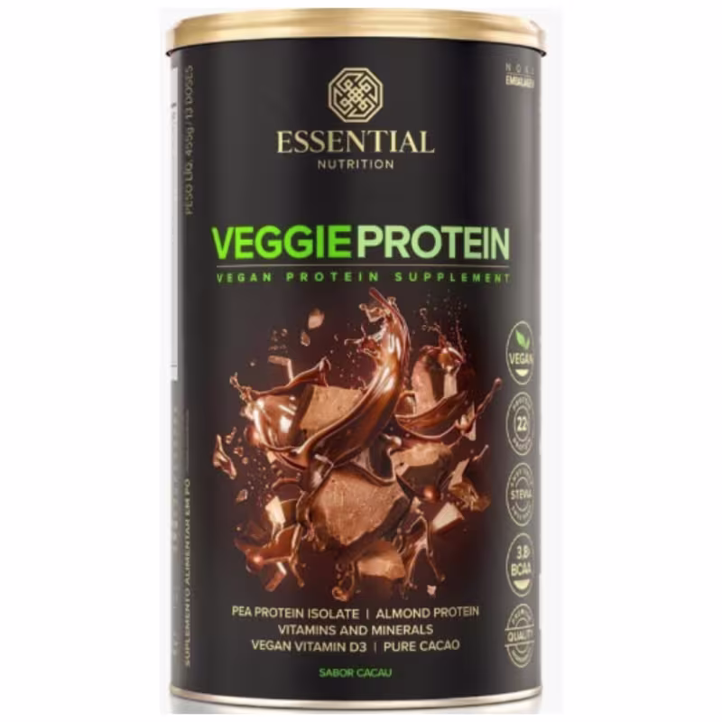 A imagem mostra uma lata de suplemento com rótulo preto e letras verdes e bege.