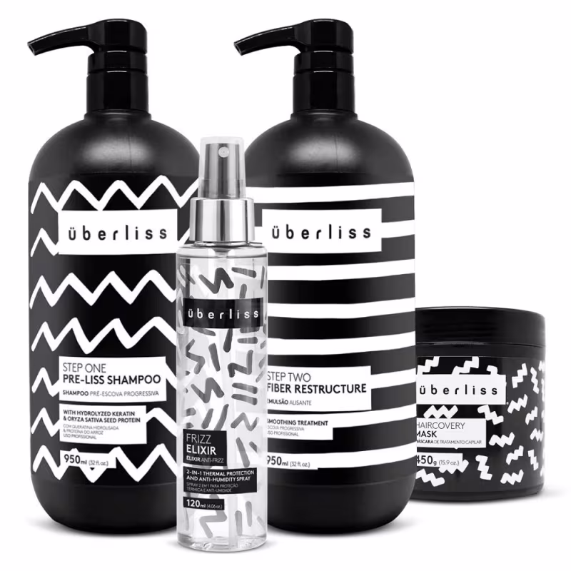 Kit com shampoo, escova progressiva, máscara capilar e protetor térmico Überliss da marca Avlon.