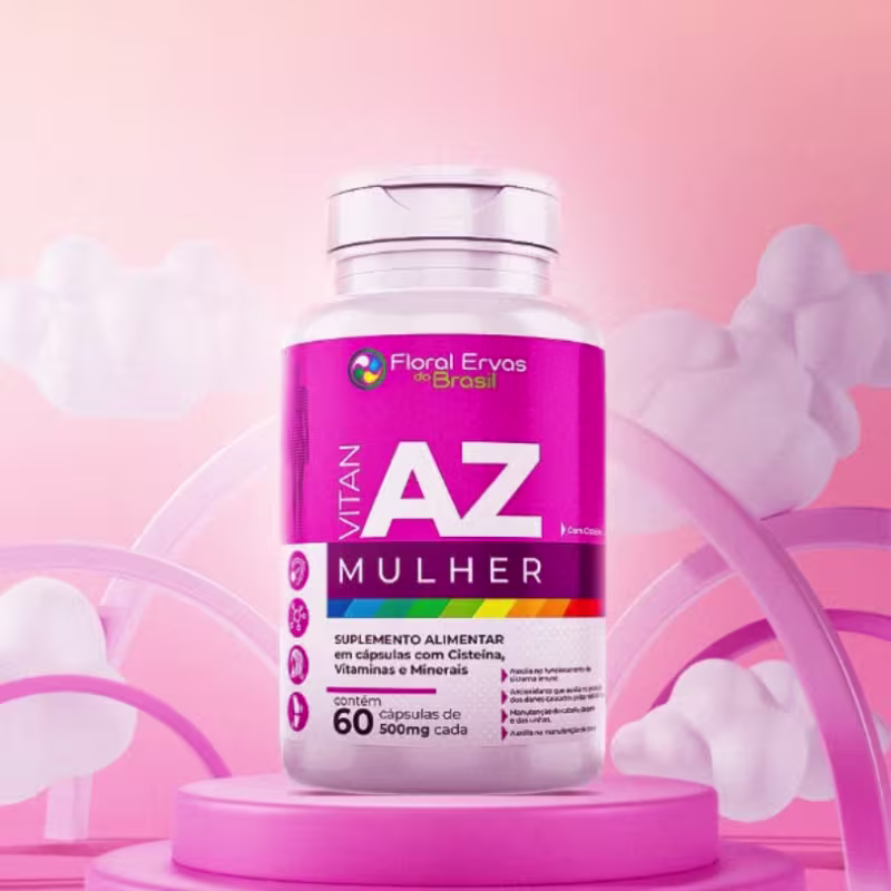 Suplemento alimentar em cápsulas Floral Ervas do Brasil, linha AZ Mulher. Frasco contendo 60 cápsulas de 500mg cada. Rótulo rosa vibrante com detalhes em branco e arco-íris, destacando que é um suplemento com cisternas, vitaminas e minerais para mulheres.