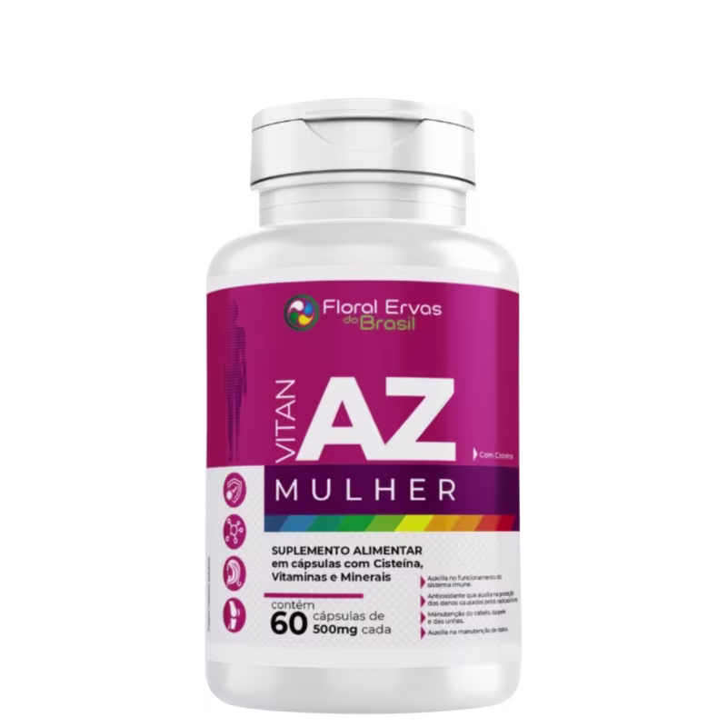 É um suplemento alimentar em cápsulas. O rótulo é predominantemente rosa, com o logotipo da marca e informações sobre o produto em branco e azul. O frasco contém 60 cápsulas de 500mg cada, sendo um suplemento com cisteína, vitaminas e minerais.