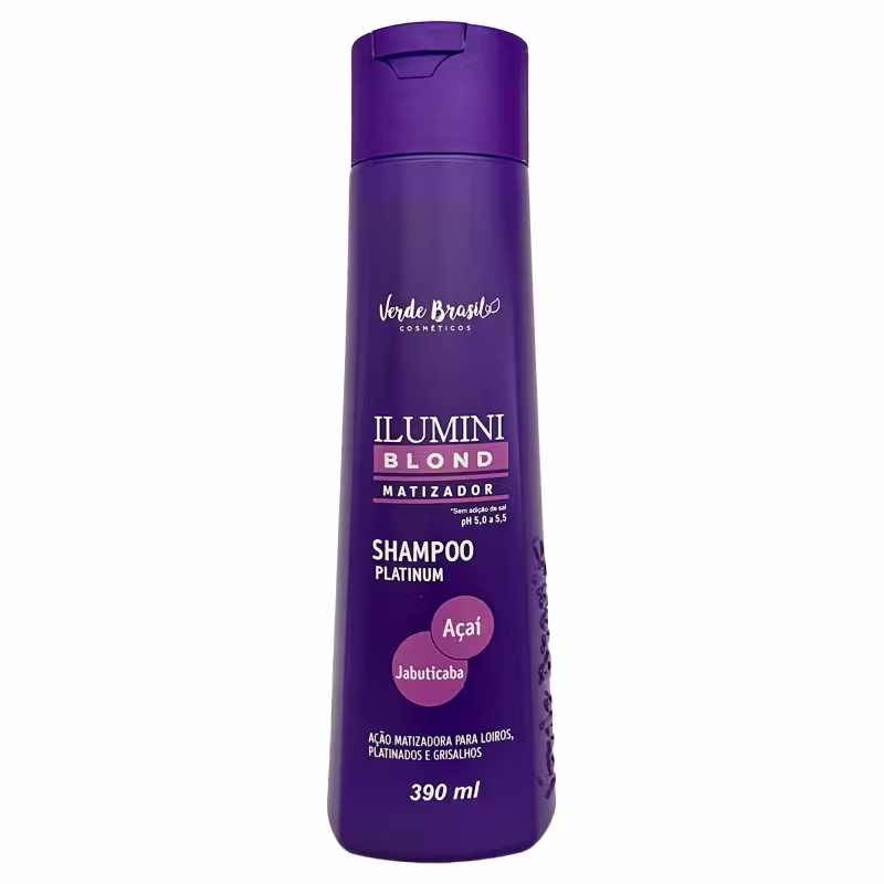 Shampoo matizador blond da linha Ilumini da marca Verde Brasil Cosméticos. Embalagem de 390ml. Rótulo com o nome do produto "Shampoo Platinum" e os ingredientes Açaí e Jabuticaba destacados.