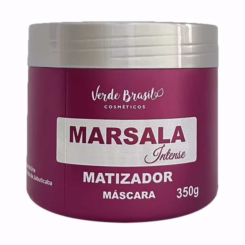 Máscara matizadora da linha Marsala Intense da marca Verde Brasil Cosméticos. O rótulo frontal é vermelho escuro com detalhes em prata, exibindo o logotipo da marca, o nome do produto "Marsala Intense Matizador Máscara" e o peso líquido de 350g.