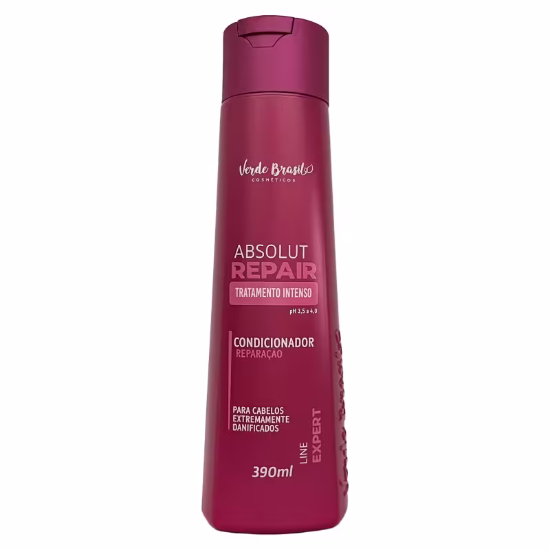 Shampoo reparador intenso Absolut Repair da linha Verde Brasil Cosméticos. Embalagem vermelha com tampa superior. Rótulo com texto em português descrevendo o produto como "Tratamento Intenso" para cabelos extremamente danificados. Volume de 390ml