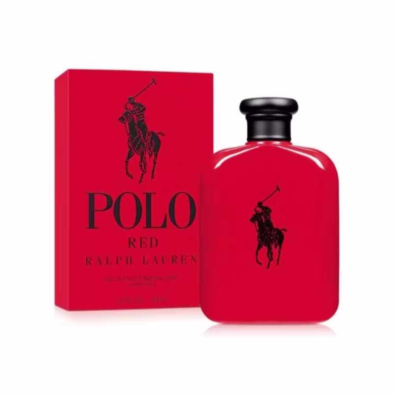 Perfume Polo Red da Ralph Lauren. Frasco vermelho brilhante com tampa preta, apresentando o logotipo do cavalo negro saltando. Caixa vermelha com o nome "Polo Red" e a marca Ralph Lauren em letras pretas.