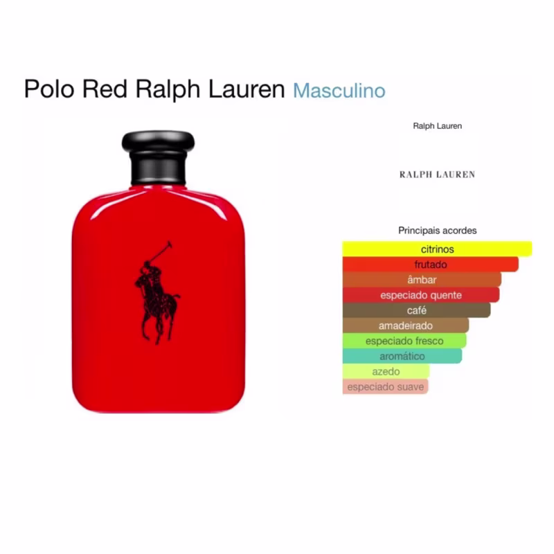 Perfume Polo Red da Ralph Lauren. Frasco vermelho brilhante com tampa preta, apresentando o logotipo do cavalo negro saltando. Caixa vermelha com o nome "Polo Red" e a marca Ralph Lauren em letras pretas.