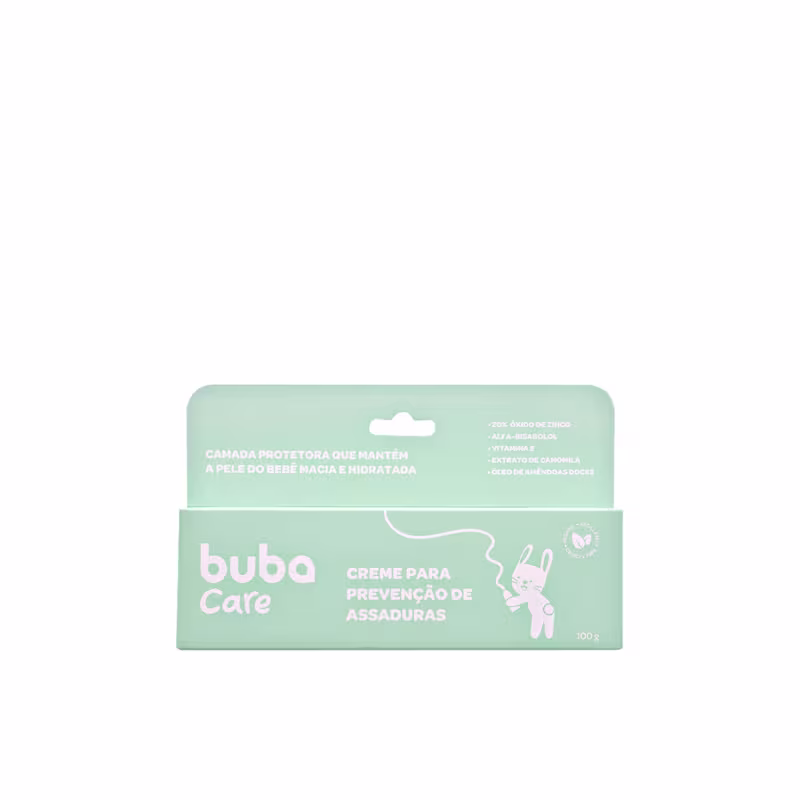 Creme para prevenção de assaduras Buba Care. Embalagem retangular estilo caixa na cor verde menta. Rótulo frontal com o logotipo da marca e o nome do produto "Creme para prevenção de assaduras" em letras brancas. Ilustração de um coelho branco estilizado.