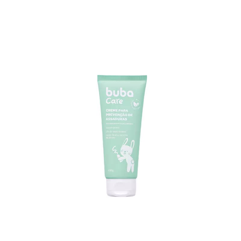 Creme para prevenção de assaduras da marca Buba Care. Embalagem de 100g em tubo cor verde menta. Rótulo com o nome "Creme para Prevenção de Assaduras" e detalhes como "Hipoalergênico" e "À base de óxido de zinco". Ilustração de um coelho branco estilizado