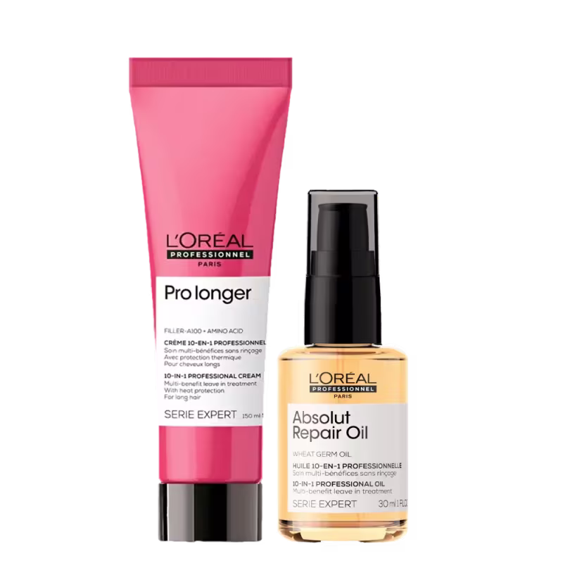 O Kit mostra um leave-in em frasco tubular rosa com tampa preta da linha Pro Longer e um frasco de óleo capilar redondo com frasco dourado e tampa em spray, da linha Absolut Repair.