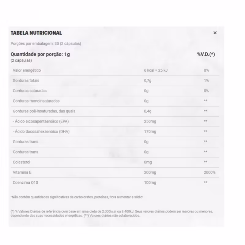 A imagem mostra a tabela nutricional do produto.
