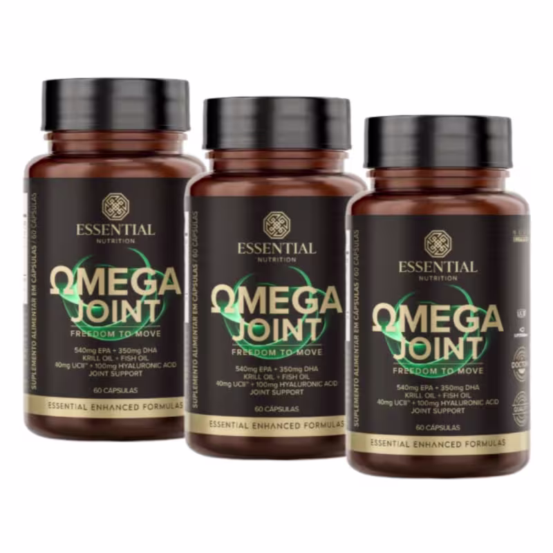 A imagem mostra três frascos redondos marrom com rótulos pretos e letras douradas.