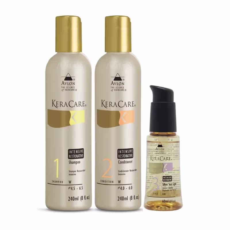 Kit com shampoo, condicionador e finalizador KeraCare Intensive Restorative da marca Avlon.