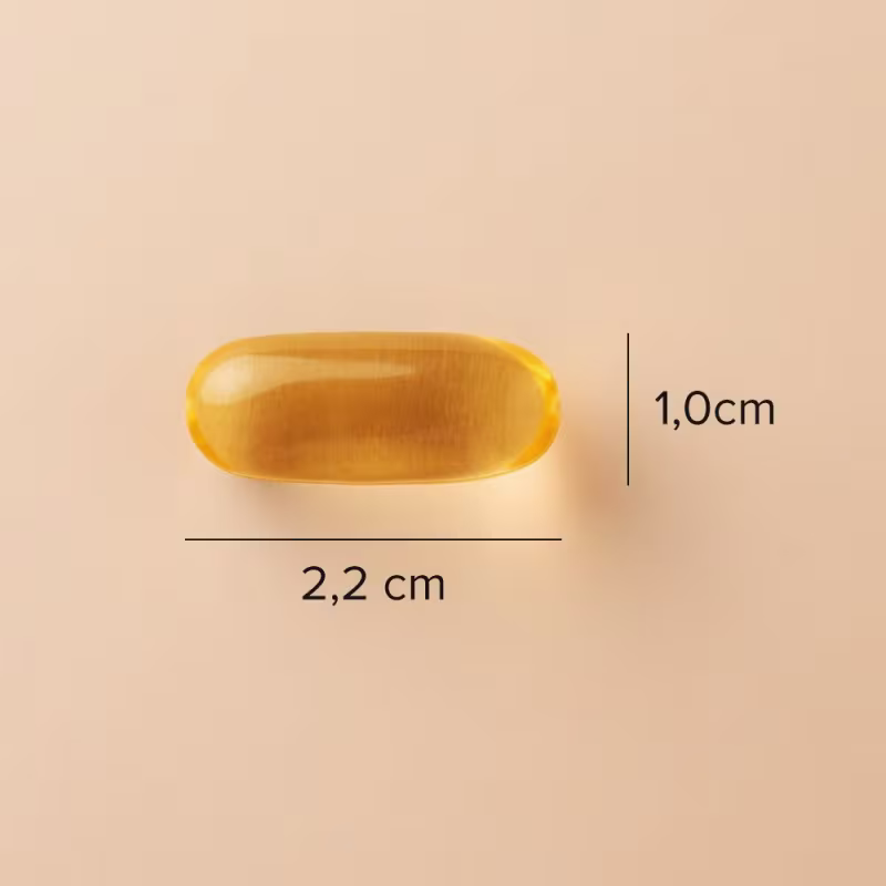 A imagem mostra a cápsula e indicações de medida: 1,0cm x 2,2cm.